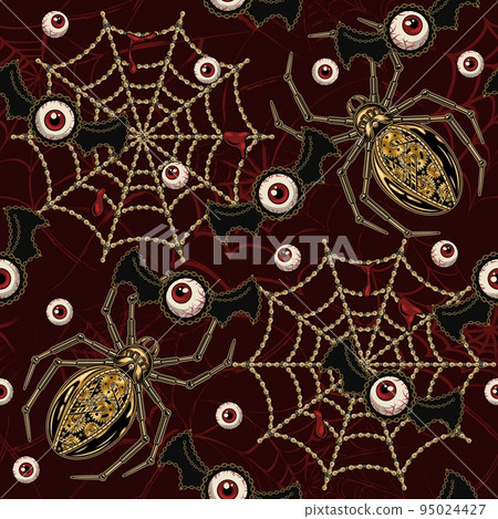 Horrible pattern with monsters, gold metallic robotic spider, spiderweb, flying human red eyeballs with bat wings Horrible pattern with monsters, gold metallic robotic spider, spiderweb, flying human red eyeballs with bat wings 95024427