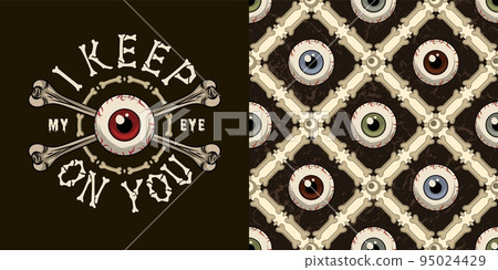 Halloween set. Pattern with rhombus grid of bones, squares, human eyeballs with direct look. Halloween set. Pattern with rhombus grid of bones, squares, human eyeballs with direct look. 95024429