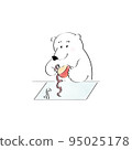 A polar bear peeling an apple with a peeler 95025178