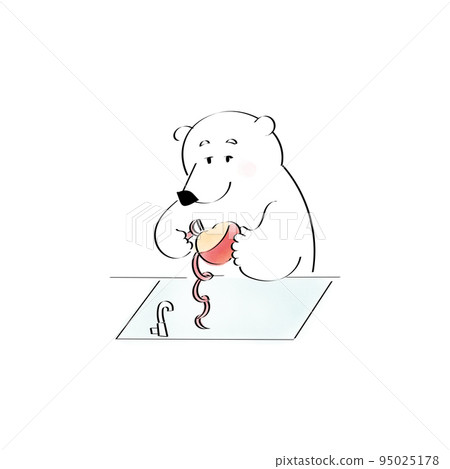 A polar bear peeling an apple with a peeler A polar bear peeling an apple with a peeler 95025178