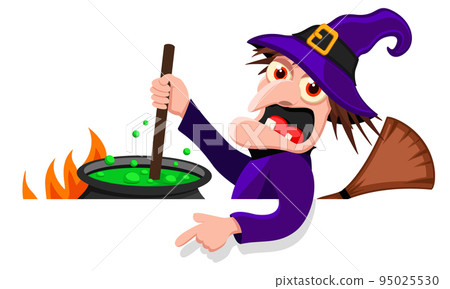 Witch brews a potion and points a finger at a place for text on a white background. Halloween character Witch brews a potion and points a finger at a place for text on a white background. Halloween character 95025530