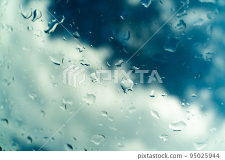 Water drops on glass against blue sky. Window view background screensaver. Place for text banner. 95025944
