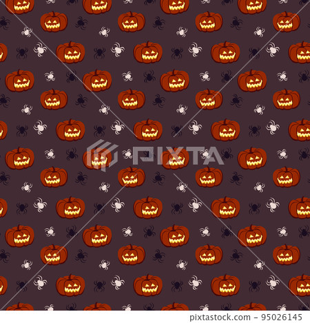 Bright seamless pattern with pumpkins and spiders on purple background. Festive autumn print for Halloween. Holiday October decoration for paper print, textile and design 95026145