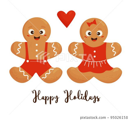Cute couple of Christmas gingerbread. Gingerbread man and girl with heart and inscription happy holidays on white background. Vector illustration for your New Years design, decor, print and postcards. Cute couple of Christmas gingerbread. Gingerbread man and girl with heart and inscription happy holidays on white background. Vector illustration for your New Years design, decor, print and postcards. 95026158