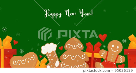 Seamless horizontal border with cute christmas gingerbread, gifts and gingerbread man and inscription Happy New Year. Vector illustration. greeting card template on green background 95026159