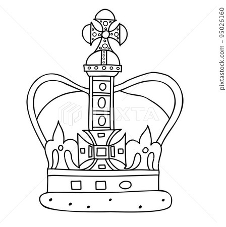 Imperial state crown of UK and King Charles III, British monarch. Vector illustration. linear hand drawn doodle . Imperial state crown of UK and King Charles III, British monarch. Vector illustration. linear hand drawn doodle . 95026160