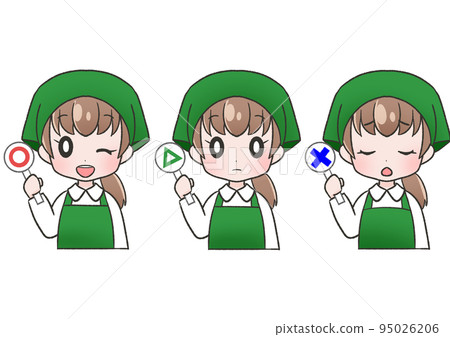 A set of women wearing a green apron, bandana, and hat with a tag of Maru Batu Sankaku A set of women wearing a green apron, bandana, and hat with a tag of Maru Batu Sankaku 95026206