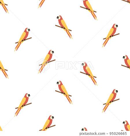 Seamless pattern cute cartoon macaw parrot is sitting on a branch. Background, wallpaper for printing on clothing packaging 95026665