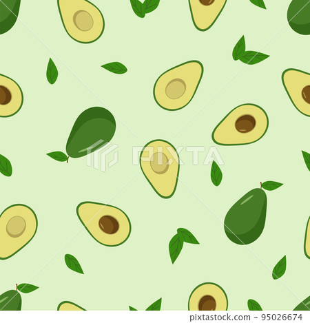 Seamless Pattern Avocado set of whole and halves with a bone. Vector illustration of fresh avocado fruit. 95026674