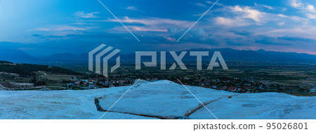 Turkey Landscape from the travertine terraces and travertine terraces of Hierapolis Pamukkale at dusk 95026801