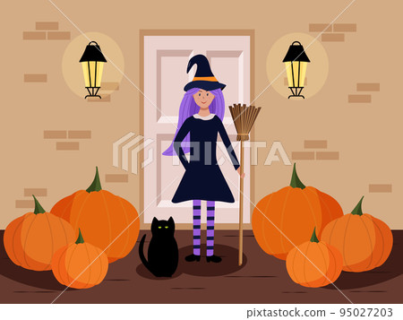 A girl in a witch costume with broom and a black cat it stands on the wing of the house. Cartoon scene for Halloween. Vector illustration. A girl in a witch costume with broom and a black cat it stands on the wing of the house. Cartoon scene for Halloween. Vector illustration. 95027203