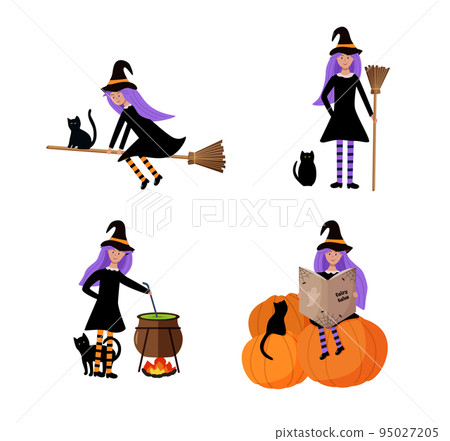 A set of plots of a little witch with a black cat. Vector illustration of Halloween, a girl in a witch costume sits on a pumpkin, flies on a broom, cooks a potion in a cauldron. 95027205