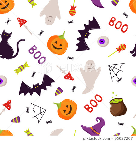 Seamless Pattern Cartoon set of Halloween icons, vector doodle illustration, holiday elements day of the dead 95027207
