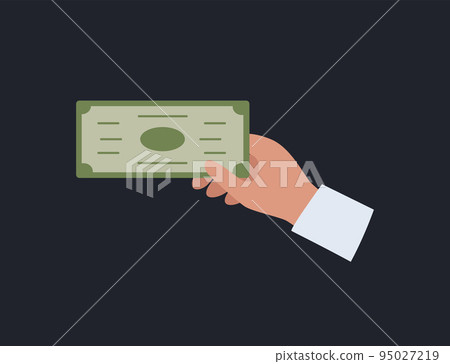 The hand holds a dollar bill. Cash payment, purchase transaction. Vector illustration in a flat style The hand holds a dollar bill. Cash payment, purchase transaction. Vector illustration in a flat style 95027219
