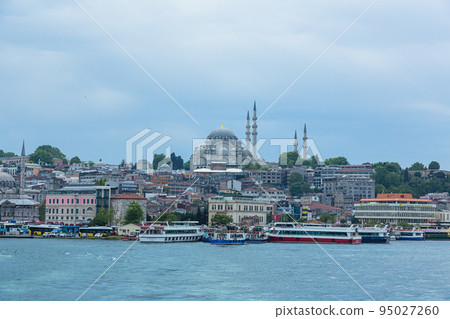Turkey Golden Horn of Istanbul and the old city streets and the Suleymaniye Mosque seen on the opposite bank 95027260