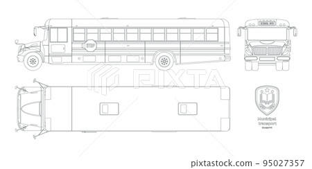 Isolated school bus drawing. Outline blueprint of municipal transport. Top, side, front vehicle view. Academy lorry. Industrial clipart 95027357