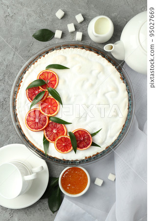 Concept of tasty dessert with meringue pie with citrus, top view Concept of tasty dessert with meringue pie with citrus, top view 95027669