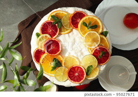 Concept of tasty dessert with meringue pie with citrus, top view 95027671