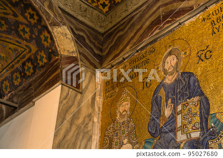 Mosaic of Christ painted on the wall inside Hagia Sophia in Istanbul, Turkey 95027680