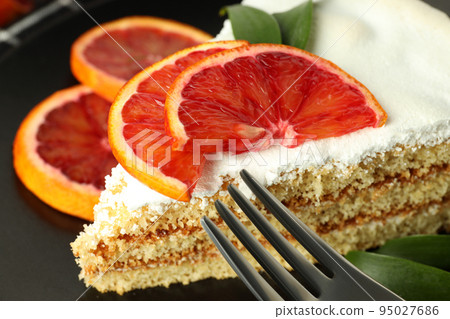 Concept of tasty dessert with meringue pie with citrus, closeup 95027686