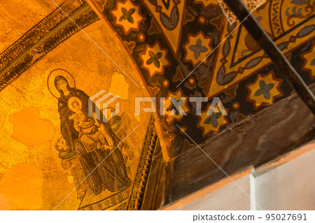 Mosaic of the Madonna and Child and an Archangel painted on the apse in the Hagia Sophia in Istanbul, Turkey Mosaic of the Madonna and Child and an Archangel painted on the apse in the Hagia Sophia in Istanbul, Turkey 95027691