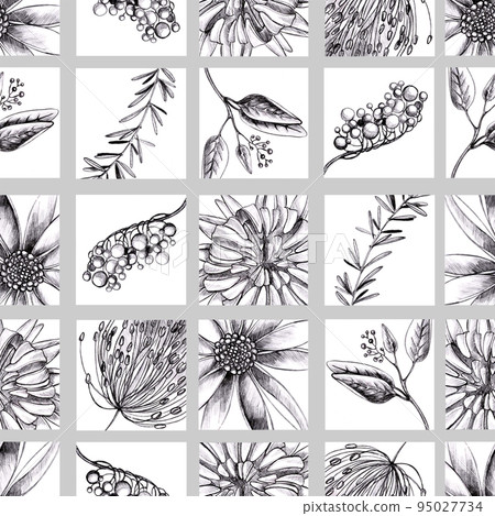 Floral seamless pattern with hand drawing wild flowers. Simple botanical design for fabrics, tile mosaic, scrapbooking. Floral seamless pattern with hand drawing wild flowers. Simple botanical design for fabrics, tile mosaic, scrapbooking. 95027734