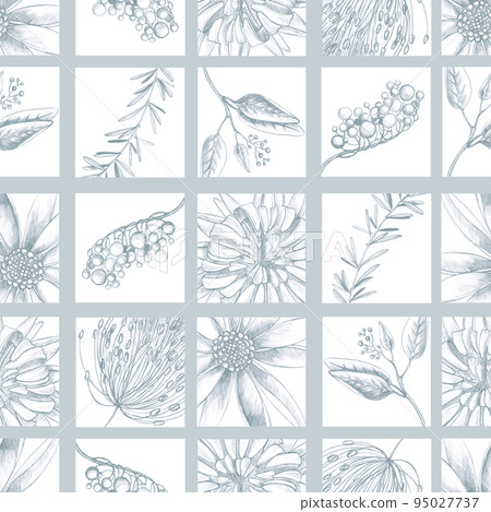 Floral seamless pattern with hand drawing wild flowers. Simple botanical design for fabrics, tile mosaic, scrapbooking. 95027737