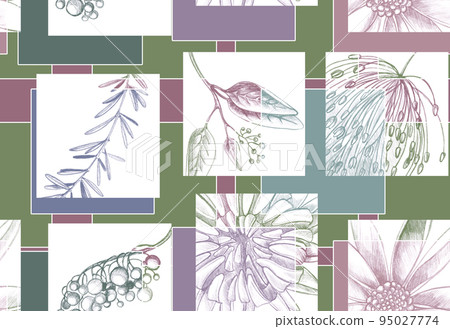 Floral seamless pattern with hand drawing wild flowers. Simple botanical design for fabrics, tile mosaic, scrapbooking. 95027774