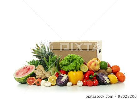 Vegetables, fruits and box isolated on white background Vegetables, fruits and box isolated on white background 95028206
