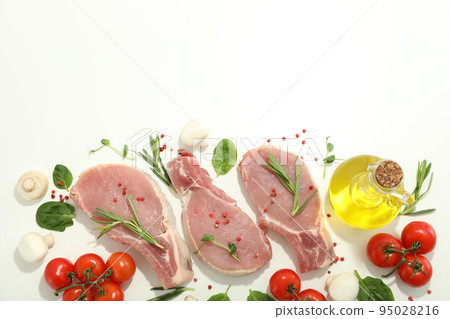Concept of cooking on white background, cooking meat Concept of cooking on white background, cooking meat 95028216
