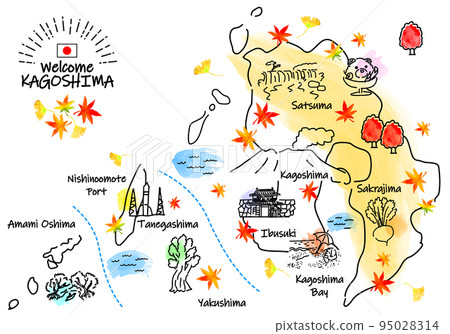Simple line drawing illustration map of tourist spots in Kagoshima Prefecture in autumn 95028314