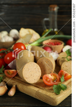 Concept of tasty food, liverwurst sausage, close up Concept of tasty food, liverwurst sausage, close up 95028387