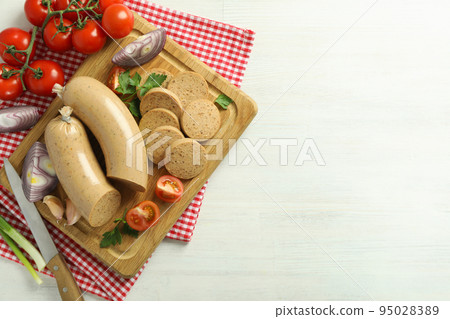 Concept of tasty food, liverwurst sausage, space for text 95028389
