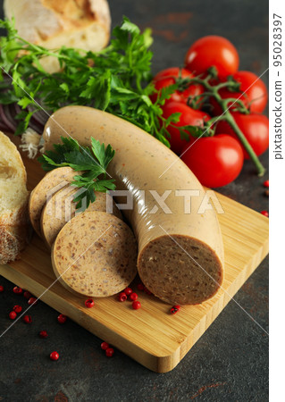 Concept of tasty food, liverwurst sausage, close up 95028397