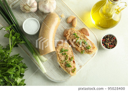 Concept of tasty food, liverwurst sausage, top view Concept of tasty food, liverwurst sausage, top view 95028400