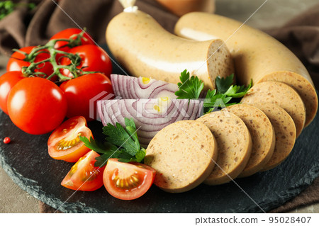 Concept of tasty food, liverwurst sausage, close up Concept of tasty food, liverwurst sausage, close up 95028407