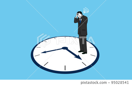 Illustration of a businessman standing on a clock and holding his head, vector 95028541