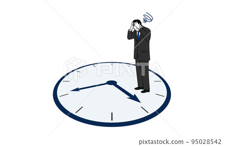 Illustration of a businessman standing on a clock and holding his head, vector Illustration of a businessman standing on a clock and holding his head, vector 95028542
