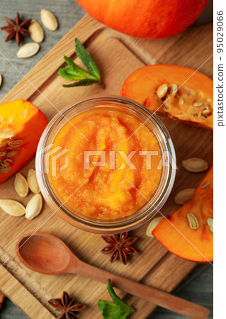 Concept of tasty food, pumpkin jam, top view 95029066