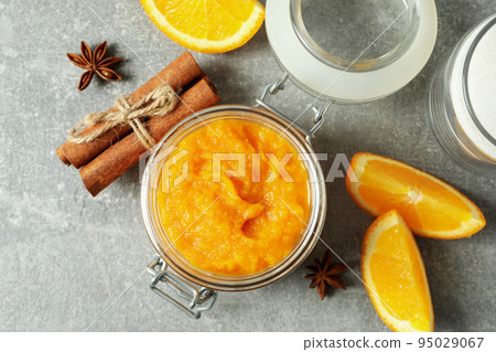 Concept of tasty food, pumpkin jam, top view Concept of tasty food, pumpkin jam, top view 95029067