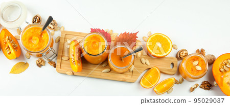 Concept of tasty food, pumpkin jam, top view 95029087