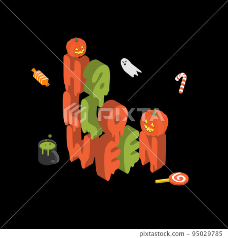 colorful isometric Halloween banner with pumpkin and treats colorful isometric Halloween banner with pumpkin and treats 95029785
