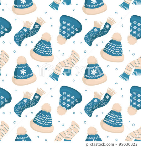 Knitted hats and scarves with snowflake ornament on a white background. Christmas print, background, vector 95030322