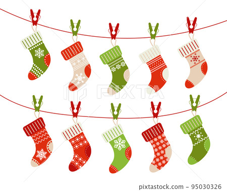 Christmas knitted socks with an ornament of snowflakes on ropes with clothespins. Illustration, clip art, vector Christmas knitted socks with an ornament of snowflakes on ropes with clothespins. Illustration, clip art, vector 95030326