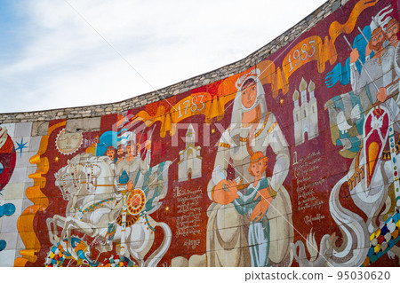 GUDAURI,Soviet Monument to Russo-Georgian Friendship on July 02, 2022, Gudauri, Georgia. Established in 1983 in honor of the 200th anniversary of the Peoples' Friendship GUDAURI,Soviet Monument to Russo-Georgian Friendship on July 02, 2022, Gudauri, Georgia. Established in 1983 in honor of the 200th anniversary of the Peoples' Friendship 95030620