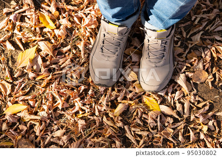 Male legs in gray classic leather shoes and blue jeans on brown yellow leaves on sunny autumn day. Lifestyle, top view. 95030802