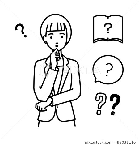 一組問號,給一個穿著西裝的女人站著,把手放在下巴上,感到懷疑 一組問號,給一個穿著西裝的女人站著,把手放在下巴上,感到懷疑 95031110