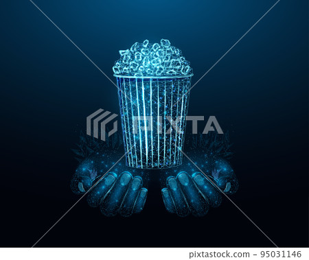 Two human hands are holds pop corn. Wireframe glowing low poly pop corn. Design on dark blue background. Abstract futuristic vector illustration. Two human hands are holds pop corn. Wireframe glowing low poly pop corn. Design on dark blue background. Abstract futuristic vector illustration. 95031146