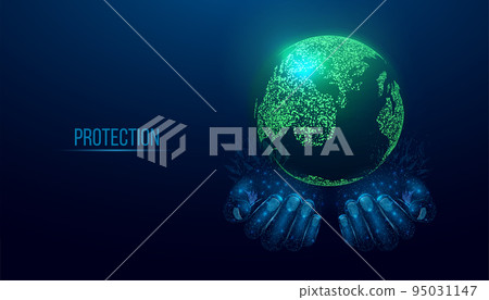 Two human hands are holds Planet Earth. Earth Day, Protection environmental, Ecology concept. Futuristic modern abstract background. Vector illustration. Two human hands are holds Planet Earth. Earth Day, Protection environmental, Ecology concept. Futuristic modern abstract background. Vector illustration. 95031147