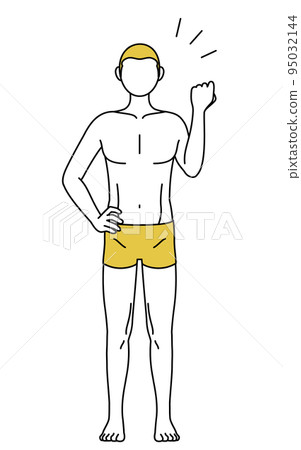 一個脫髮男人的線條畫，鼓勵舉起拳頭的姿勢 95032144